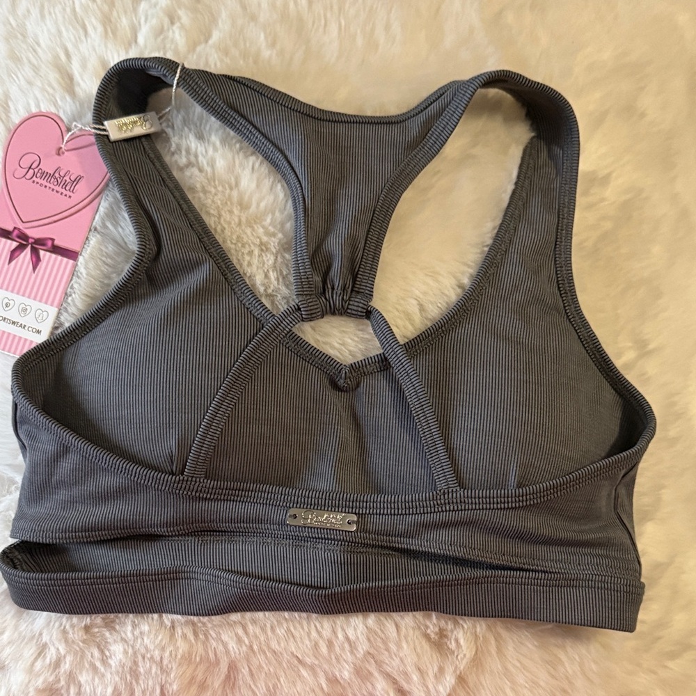 NWT! Bombshell Sportswear Lounge Rib Bra Storm( Charcoal Gray)Racerback - Picture 3 of 4